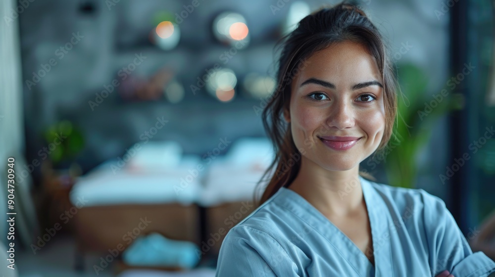 Fototapeta premium Smiling Healthcare Professional in Modern Clinic Setting: Confident Nurse or Doctor in Uniform