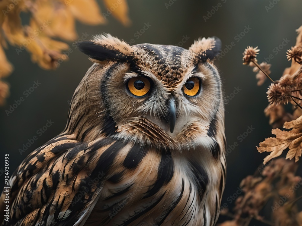 A great owl in a mysterious thicket, a guardian of the forest, close-up, daylighting A great owl in a mysterious thicket, a guardian of the forest, close-up, daylighting