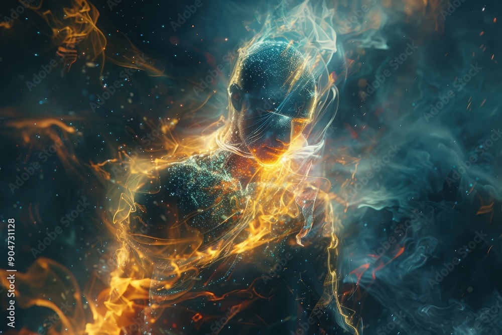 Obraz premium A mesmerizing depiction of a figure enveloped in swirling flames and ethereal smoke, symbolizing transformation and energy.