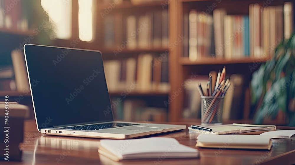 Desk setup with a laptop and stationery, with ample copy space for notes. Blurred office or library background enhances the setting. Desk setup with a laptop and stationery, with ample copy space for notes. Blurred office or library background enhances the setting.
