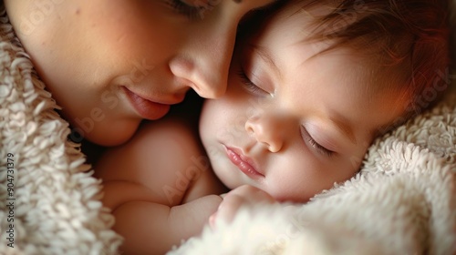 Tender Moment: Mother and Baby Sleeping in Embrace Under Cozy Blanket photo