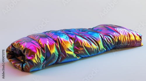 173. Thermal Sleeping Bag, realistic style, vibrant hues, metallic pattern, eye level, soft light, shadows, photo