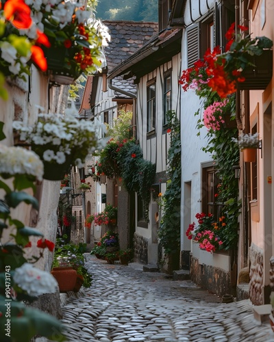 A Quaint Cobblestone Alleyway in a Historic European Village, Lined with Colorful Flower Boxes Adorning Centuries-Old Buildings, Travel Photography, Streetscape