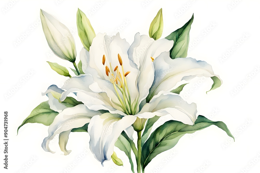 Fototapeta premium Watercolor madonna lily flower white background, Ai generated