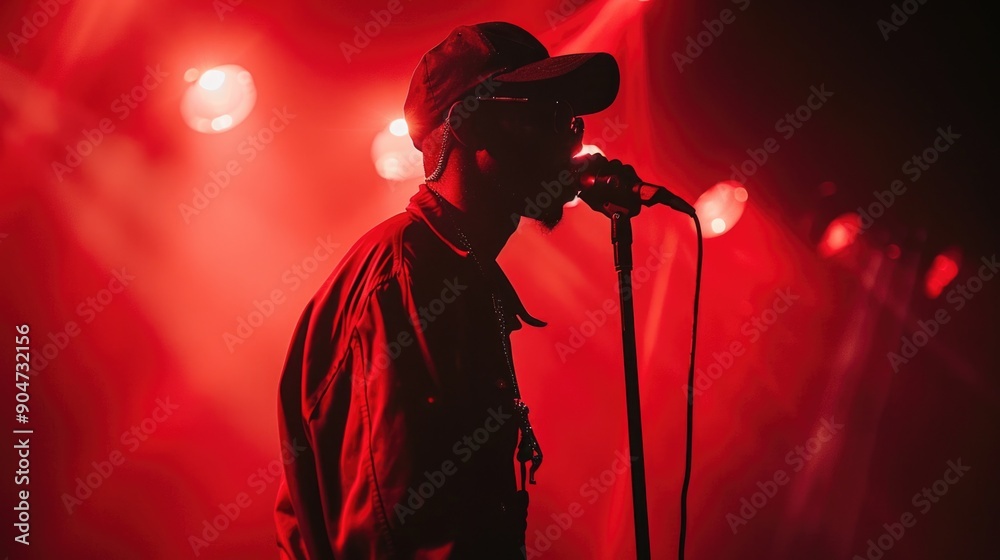 Man in cap singing into microphone Man in cap singing into microphone