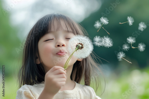 Asian child blowing dandelion seeds