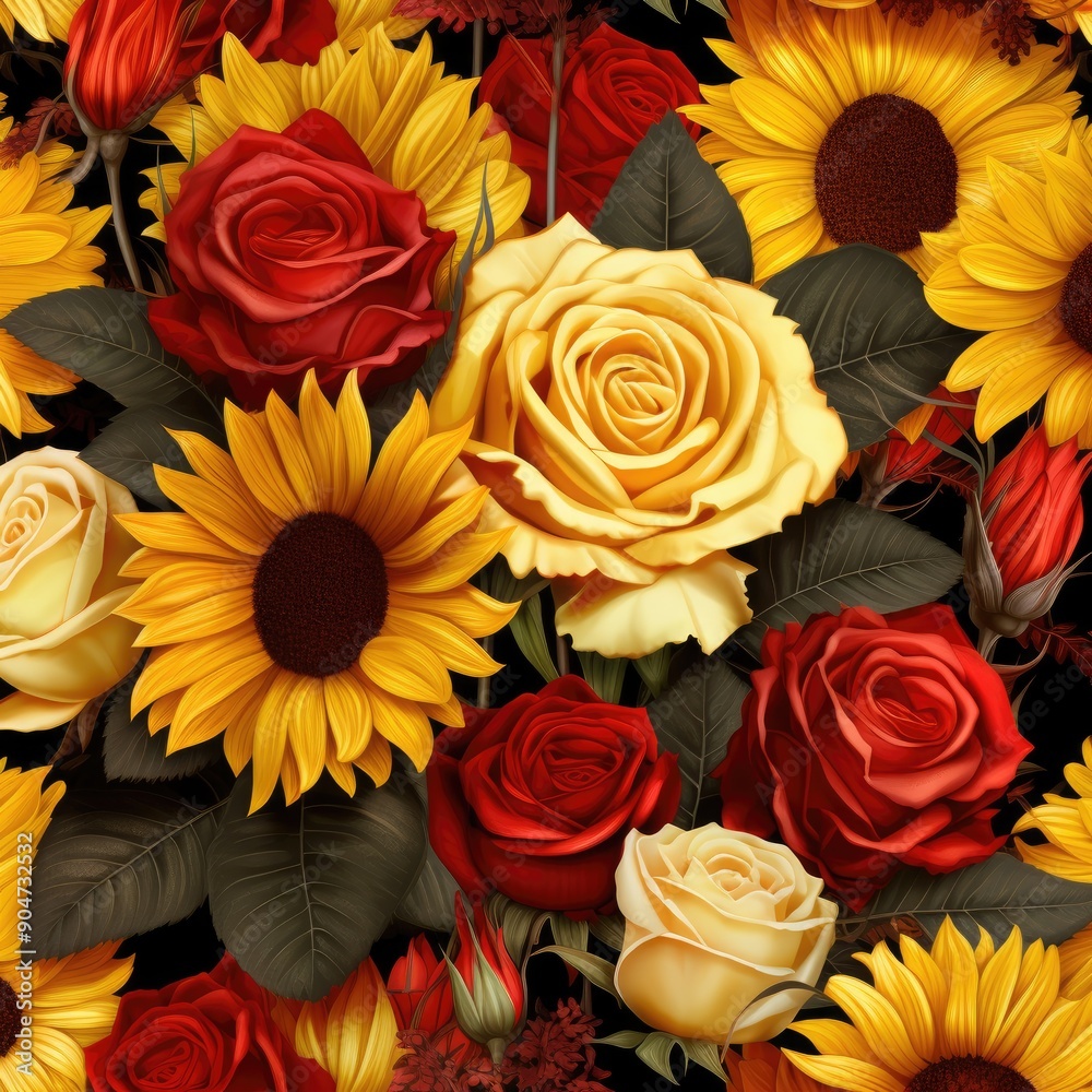 Red roses and sunflowers on a black background Red roses and sunflowers on a black background