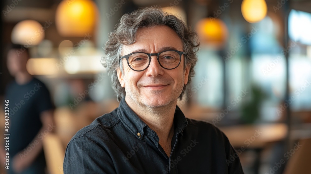 Smiling Grey-Haired Man in Glasses Relaxing in a Bright Café or Workspace, Exuding a Friendly and Approachable Vibe Smiling Grey-Haired Man in Glasses Relaxing in a Bright Café or Workspace, Exuding a Friendly and Approachable Vibe