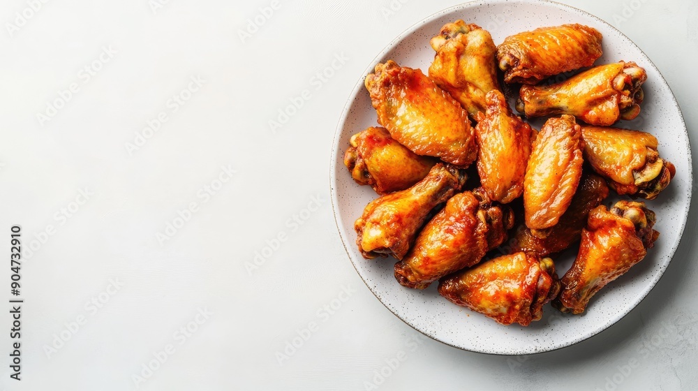 Hot and spicy Buffalo chicken wings on a plate, laid over a white stone background with copy space. Top view, flat lay. Hot and spicy Buffalo chicken wings on a plate, laid over a white stone background with copy space. Top view, flat lay.