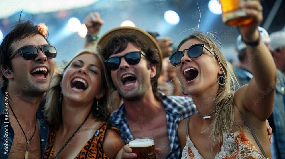 Group men and women holding beer and happy taking selfie Group men and women holding beer and happy taking selfie