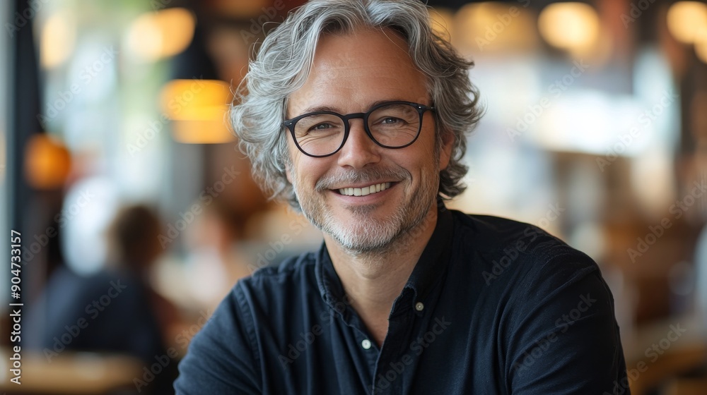 Obraz premium Smiling Grey-Haired Man in Glasses Relaxing in a Bright Café or Workspace, Exuding a Friendly and Approachable Vibe