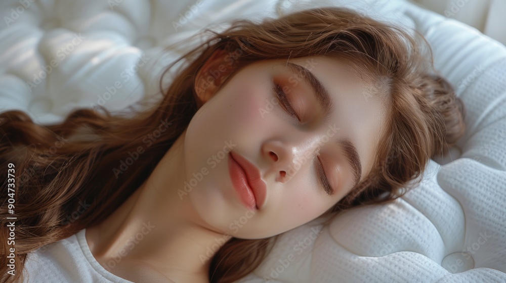 Woman sleeping on bed with eyes closed Woman sleeping on bed with eyes closed