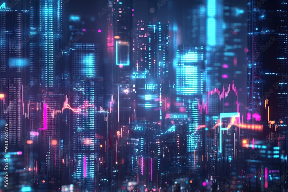 Neon Cityscape with Digital Data Overlays Neon Cityscape with Digital Data Overlays