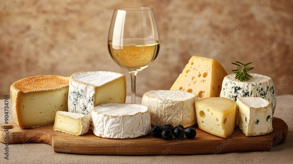 Variety of cheeses on a wooden board alongside a glass of white wine, with a beige backdrop. Perfect for gourmet and dining themes. Variety of cheeses on a wooden board alongside a glass of white wine, with a beige backdrop. Perfect for gourmet and dining themes.