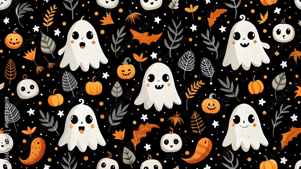 Ghost seamless pattern Halloween spooky scarf isolated repeat wallpaper tile background devil evil cartoon illustration doodle gift wrap paper design. Ghost seamless pattern Halloween spooky scarf isolated repeat wallpaper tile background devil evil cartoon illustration doodle gift wrap paper design.