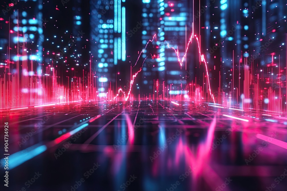 Neon Cityscape with Abstract Data Visualization and a Red Line Graph Neon Cityscape with Abstract Data Visualization and a Red Line Graph