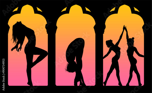 baile, danza, silueta, bailarina, danza ritmica, silueta, deporte, ballet, vector, ballet, movimiento, ventanal, contraluz