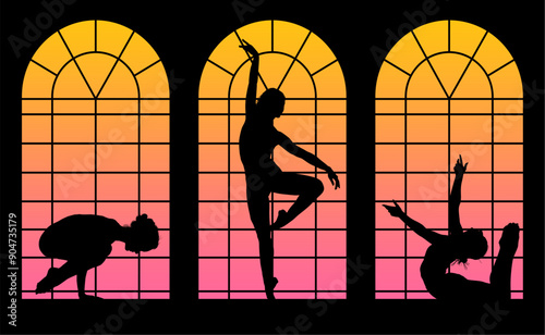baile, danza, silueta, bailarina, danza ritmica, silueta, deporte, ballet, vector, ballet, movimiento, ventanal, contraluz