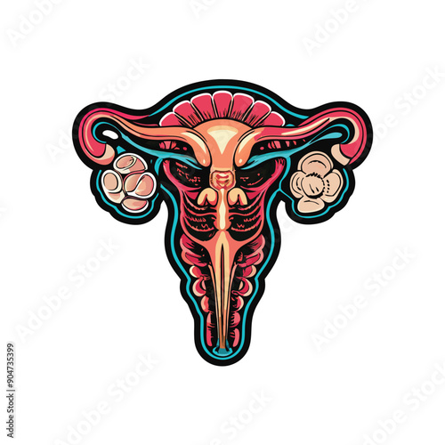 Design a vector graphic of the human female reproductive system with a stylized, abstract, and colorful aesthetic.