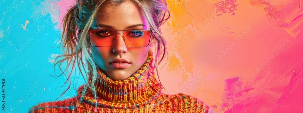 Obraz premium Vibrant Portrait of Fashionable Young Woman in Colorful Sweater and Sunglasses Against Artistic Background