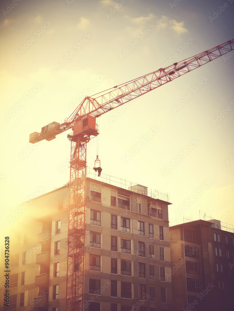 Sunset Silhouette of Construction Crane and Building Sunset Silhouette of Construction Crane and Building