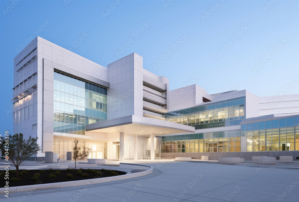 Modern Hospital Building Illuminated at Dusk