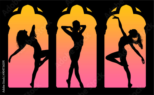 baile, danza, silueta, bailarina, danza ritmica, silueta, deporte, ballet, vector, ballet, movimiento, ventanal, contraluz