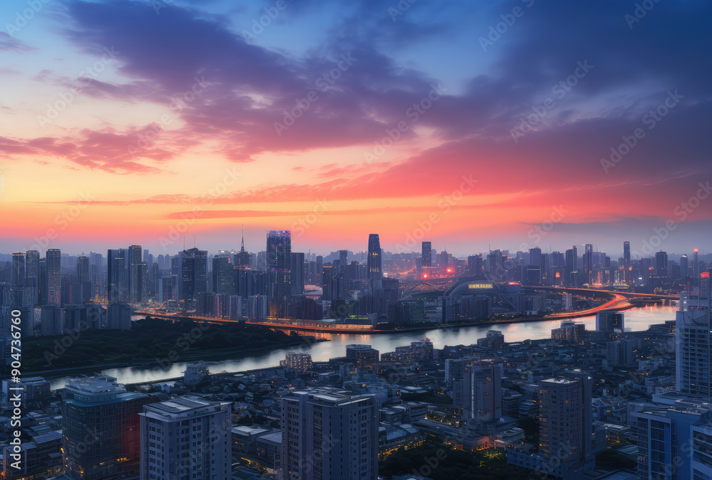Vibrant Sunset Over Urban Cityscape and River Vibrant Sunset Over Urban Cityscape and River