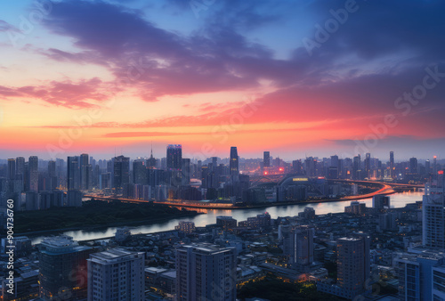 Vibrant Sunset Over Urban Cityscape and River