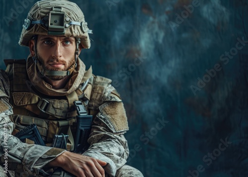 Soldier in camouflage uniform sitting against a wall
