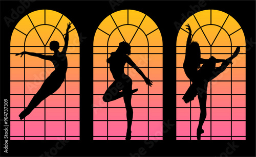 baile, danza, silueta, bailarina, danza ritmica, silueta, deporte, ballet, vector, ballet, movimiento, ventanal, contraluz