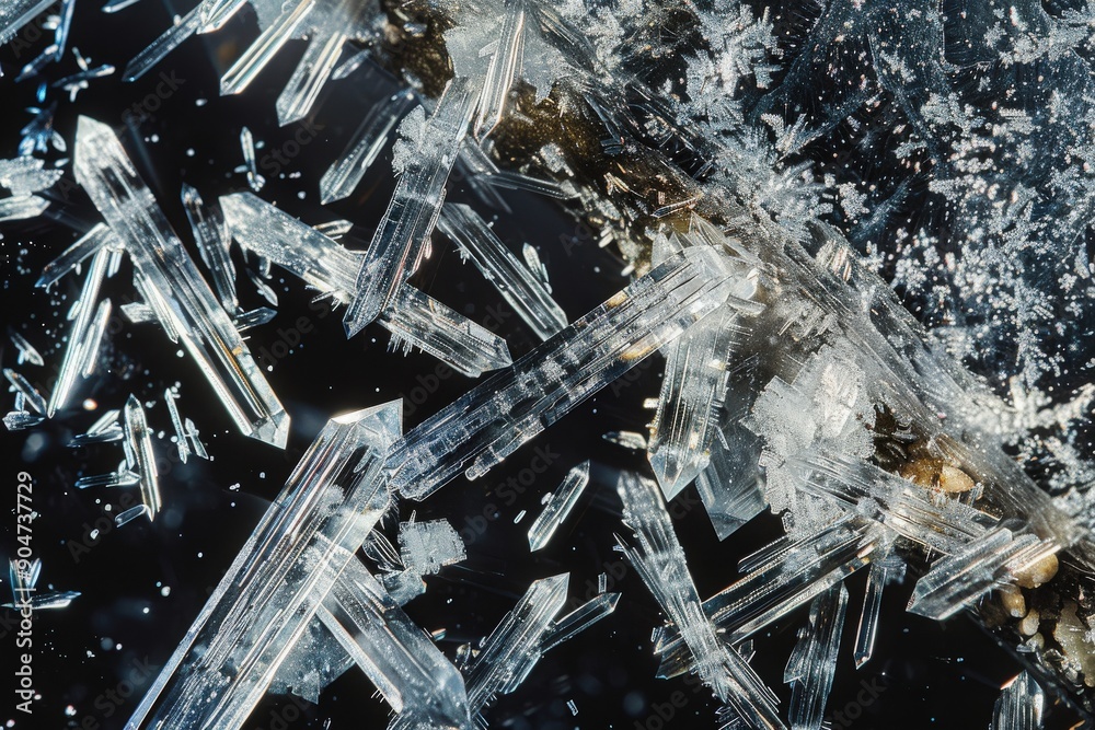 Close-up of exquisite ice crystals forming intricate patterns against a dark background, showcasing nature's beauty and detail. Close-up of exquisite ice crystals forming intricate patterns against a dark background, showcasing nature's beauty and detail.