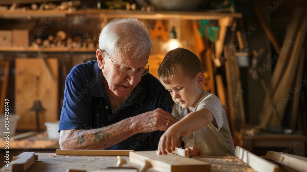 Grandfather and grandson working in workshop Grandfather and grandson working in workshop