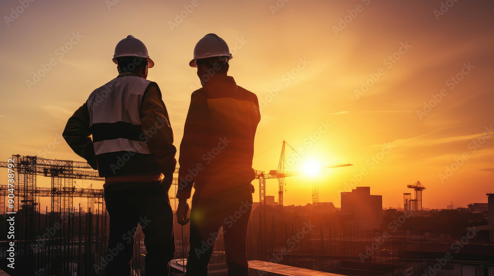 Fototapeta premium Engineers Overlooking Construction Site at Sunset