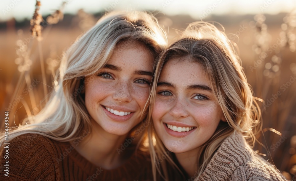 Obraz premium Smiling Sisters in Autumn Field at Golden Hour