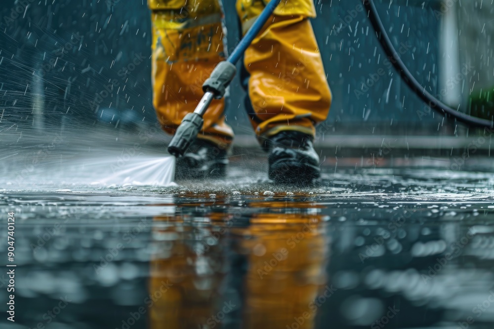 Worker power washing wet pavement in the rain Worker power washing wet pavement in the rain