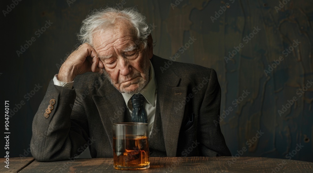 Older man leaning against table with glass of whiskey Older man leaning against table with glass of whiskey