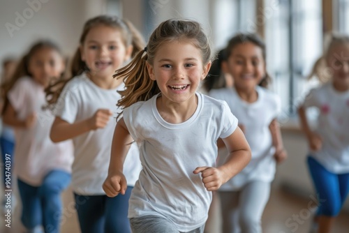 Group of children running in a gym