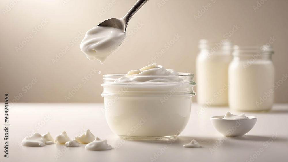 spoonful of thick, creamy yogurt being lifted from a glass jar, with the background slightly blurred to focus on the rich texture and smooth consistency of the yogurt spoonful of thick, creamy yogurt being lifted from a glass jar, with the background slightly blurred to focus on the rich texture and smooth consistency of the yogurt