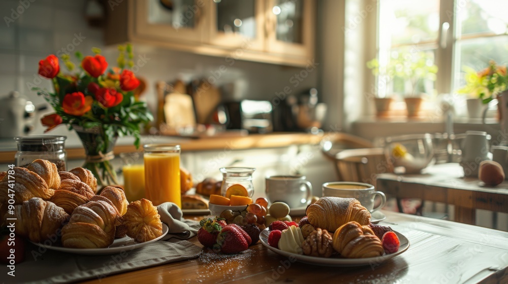 Fototapeta premium Photo of a beautifully arranged breakfast table featuring a variety of pastries, fresh fruits, coffee, and juice, cozy kitchen background, capturing the essence of a perfect morning meal.