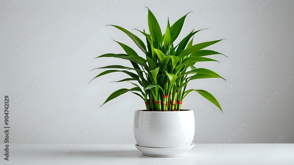 Green lucky bamboo plant in a white pot on a white table.