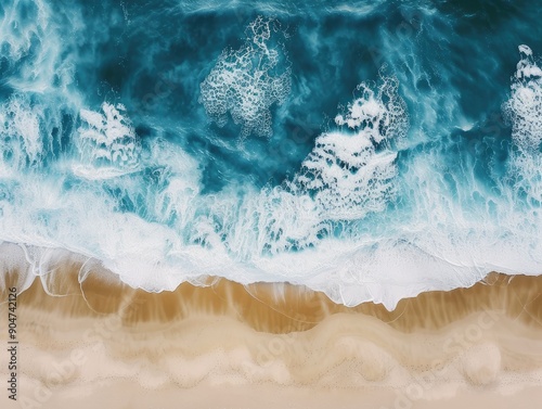 Aerial Shot of Waves Crashing on Sandy Shore