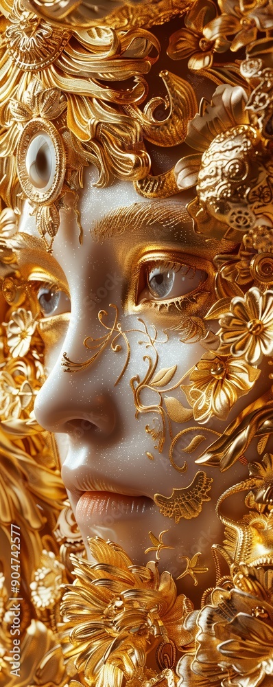 Obraz premium Bring to life the allure of gold with a low-angle view showcasing iconic symbols from Greek, Egyptian, and Chinese mythologies Incorporate intricate details to captivate the viewers imagination