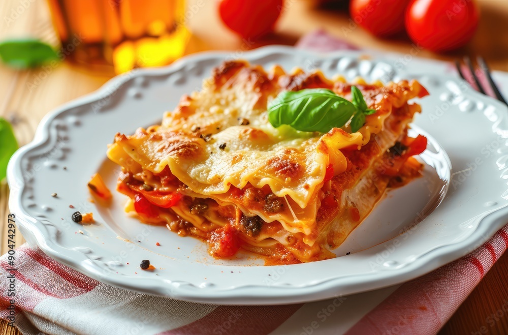 Homemade Italian Lasagna on Rustic Table Setting Homemade Italian Lasagna on Rustic Table Setting