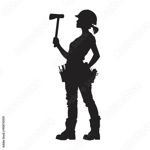 Silhouette of a female construction worker holding a hammer.