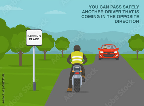 Safe driving tips and traffic regulation rules. British "passing place" road sign rule. Back view of a moto rider giving way the car traveling opposite. Flat vector illustration template.