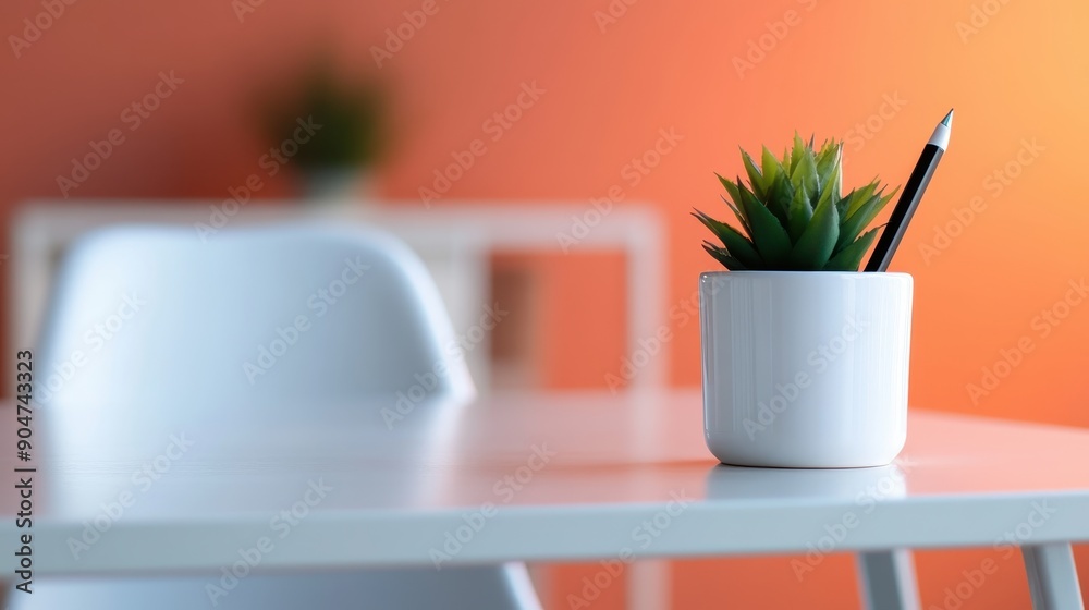 Modern Minimalist Workspace with White Desk, Succulent Plant, and Orange Background Modern Minimalist Workspace with White Desk, Succulent Plant, and Orange Background