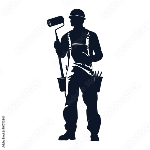 Silhouette of a painter with a paint roller and bucket.