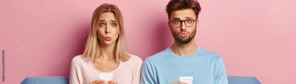 Coping with Fertility Struggles: Upset Couple with Negative Pregnancy Test on Sofa - Emotional Infertility Concept