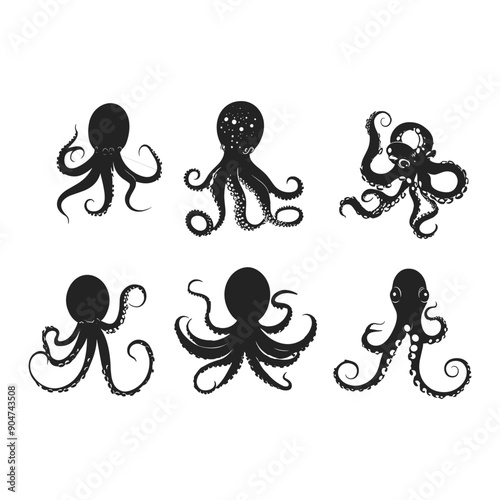 Set of 6 octopus silhouettes, black on white background.